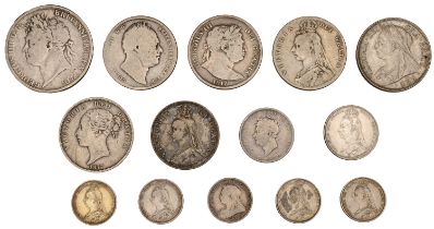 George III - Victoria, silver coins (14), various denominations [14]. Varied state Â£100-Â£150