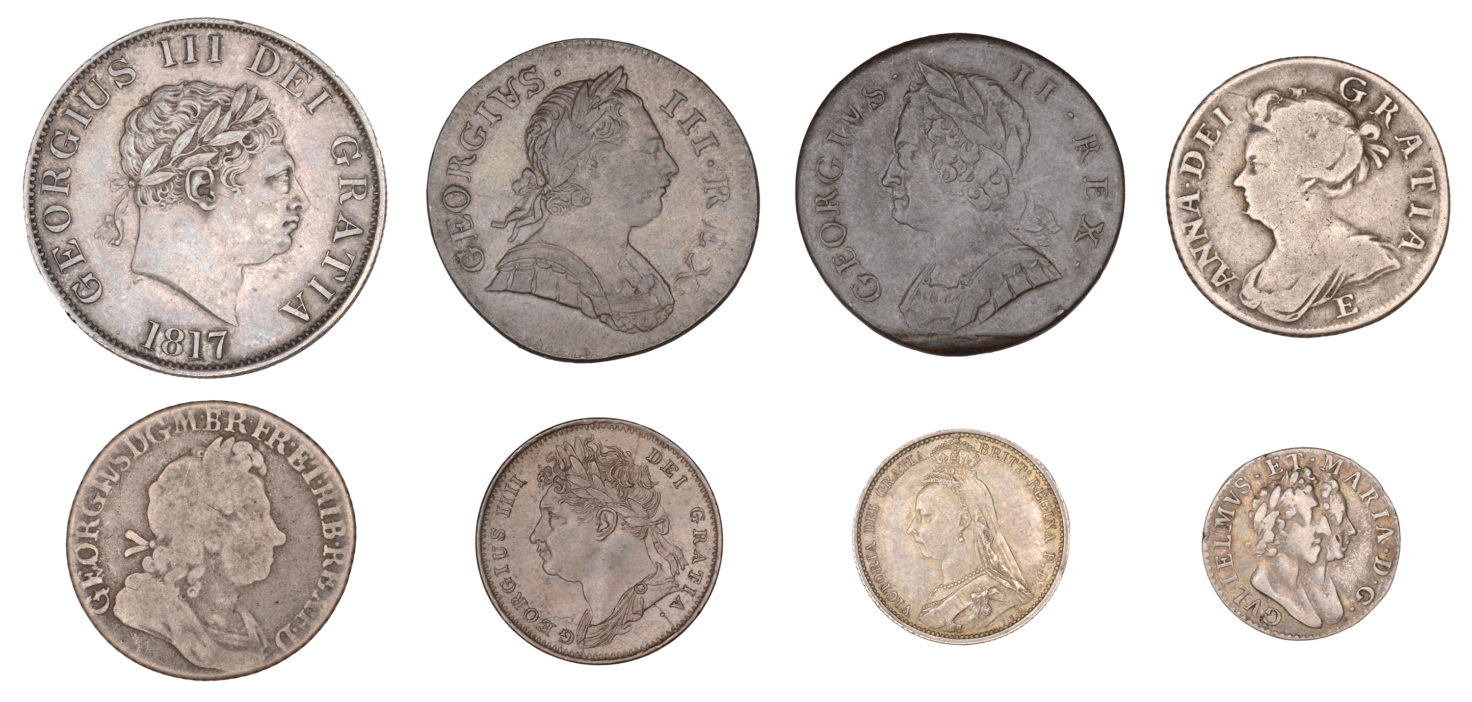 William and Mary to Victoria, Halfcrown, 1817 small head, Shillings (2), 1707e, 1723 ssc, S...