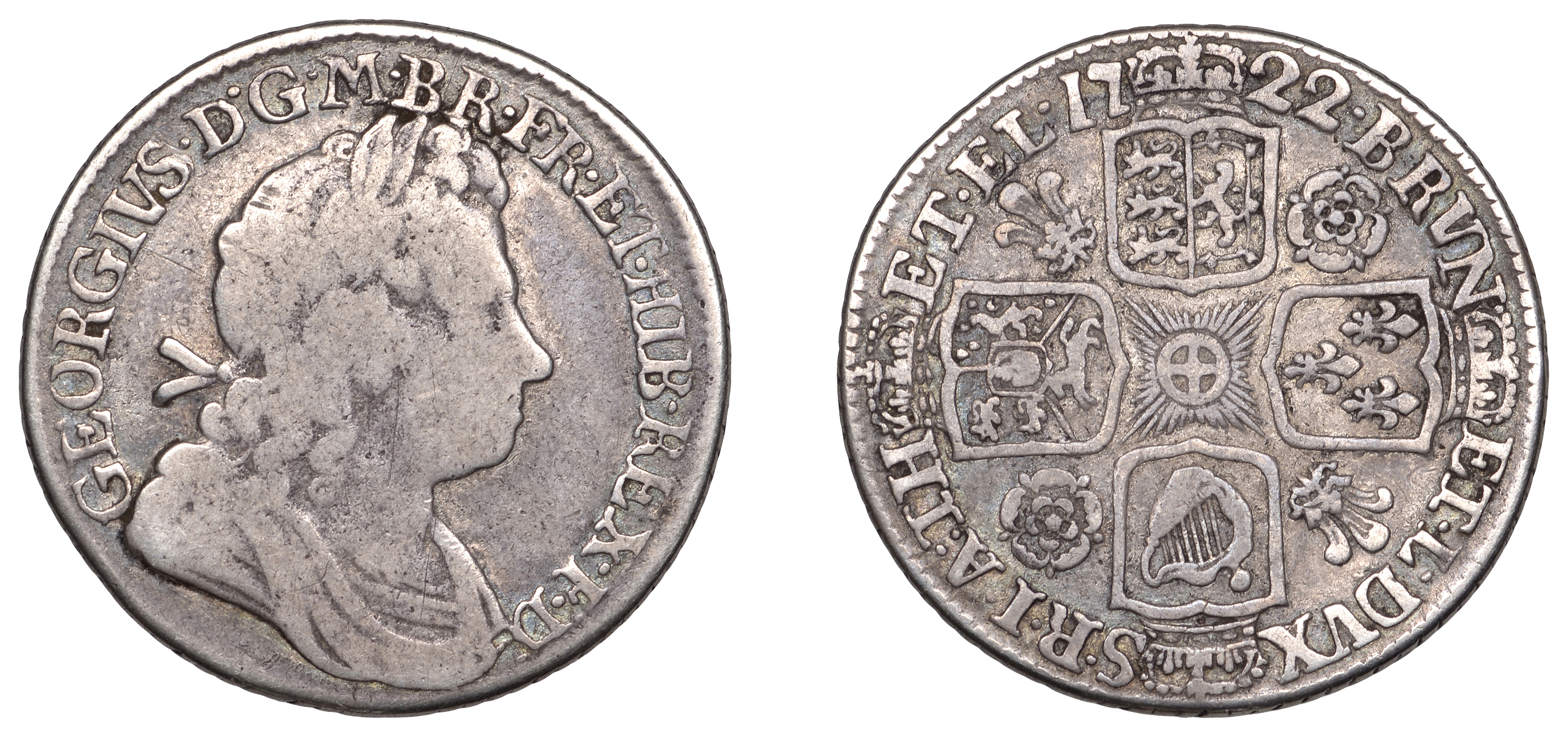 George I (1714-1727), Shilling, 1722, roses and plumes (ESC 1581; S 3645). Nearly fine, scar...