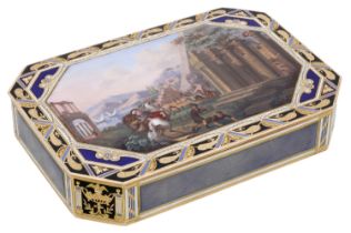 A Swiss gold enamelled snuff box by RÃ©mond Lamy & Cie, Geneva, circa 1800, of rectangular fo...