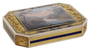 A Swiss gold and enamel snuff box, Geneva, circa 1800, of rectangular form with canted corne...