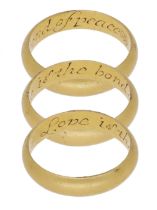An early 18th century gold posy ring, the plain gold band inscribed to the interior 'Love is...