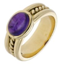 An amethyst ring, collet-set with an oval amethyst cabochon, the polished band with ropetwis...