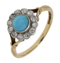 An early 20th century turquoise and diamond cluster ring, the turquoise cabochon collet-set...