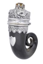 A Scottish 19th century silver mounted horn snuff mull, the hinged cover embossed with thist...