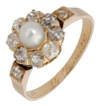 A late 19th century pearl and diamond cluster ring, the pearl set within a surround of old b...