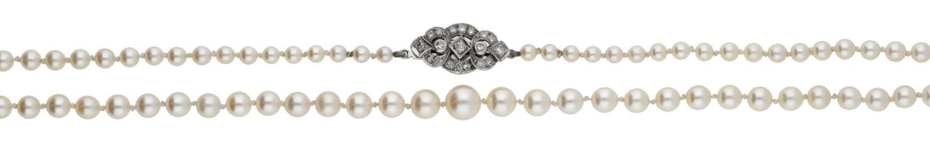 A cultured pearl necklace, the single strand of graduated cultured pearls to a pierced singl...