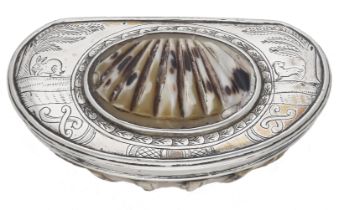 An 18th century silver and mother-of pearl snuff box, of shaped oval form,the lid centred wi...
