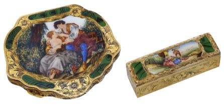 An Italian silver gilt enamelled compact and lipstick holder, the compact of cartouche outli...