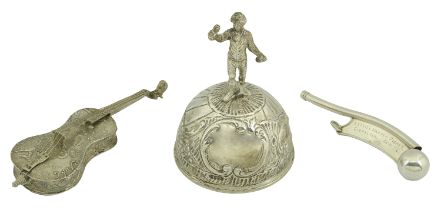A novelty silver cello snuff box, a silver boatswain's 'call' (or whistle) and a silver tabl...