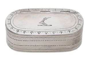 A George III silver snuff box, of rectangular form with rounded corners, bright-cut engraved...