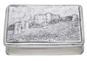 A George IV silver snuff box, of rectangular form, the lid with die-cast view of Dover Castl...