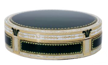 A Swiss gold and green enamel snuff box, Geneva, circa 1795, of oval form, the lid and sides...