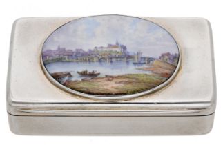 A Victoria silver snuff box, of plain rectangular form, the lid with applied oval enamelled...