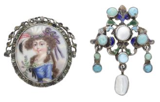 An enamel portrait pendant and a turquoise and freshwater pearl pendant, the first with vari...