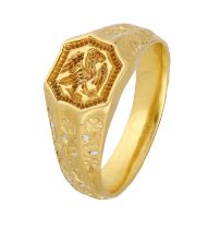 A late 15th century gold seal ring, the raised octagonal bezel engraved with an eagle rising...