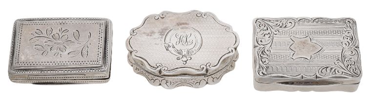 Three silver vinaigrettes, the first of shaped oval form, engine-turned and scroll edged, th...