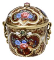 A gold and enamel vinaigrette, circa 1820, in the form of a basket with hinged lid, suspende...