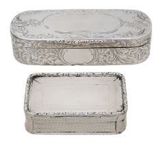 Two 19th century silver snuff boxes, the first of rectangular form with rounded corners, dec...