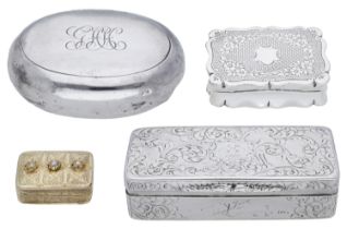 Two silver snuff boxes, a silver gilt vinaigrette and a silver tobacco box, the first of rec...