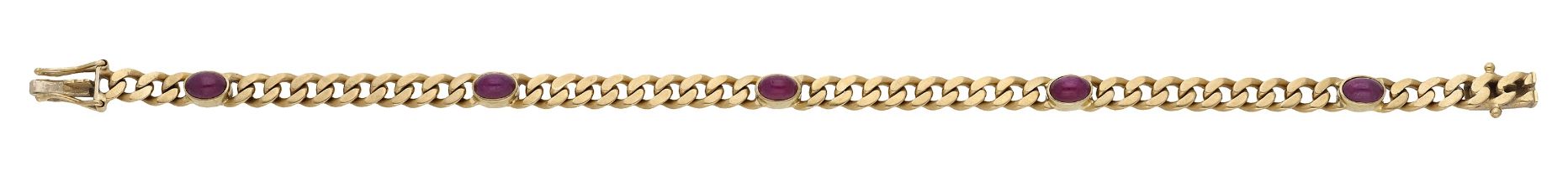 A ruby bracelet, the curb-link chain collet-set with oval ruby cabochons, stamped '585', mak...