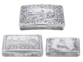 Three Russian silver and niello snuff boxes, all rectangular, the largest of slightly bowed...