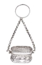 A Victoria silver 'castle-top' reticule vinaigrette, the hinged lid with die-struck view of...