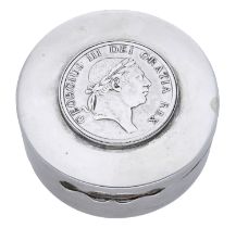 A late Victoria silver snuff box, of plain circular form, the lid inset with George III thre...