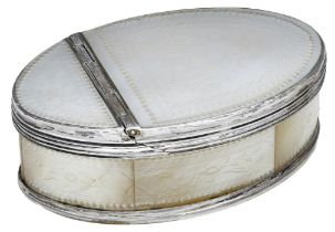 A George III silver mounted mother-of-pearl snuff box, circa 1800, of elliptical shape, the...