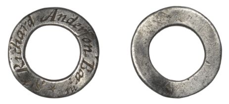 An early 17th century silver vervel or hawking ring, the annular ring inscribed '*Sr Richard...