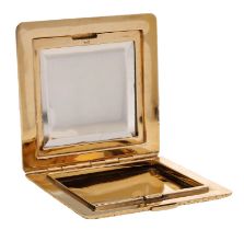 A mid 20th century compact, of square form, both sides with engraved flowerhead decoration,...