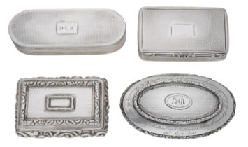 Four 19th century silver snuff boxes, the first of oval elliptical form, engine-turned, with...