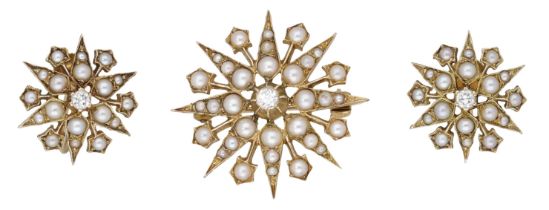 A star brooch/pendant and earring suite, circa 1900, the brooch set throughout with graduate...