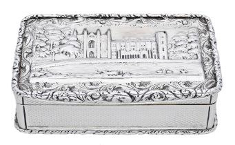 A William IV silver 'castle top' snuff box, of rectangular form, the lid with die-stamped v...