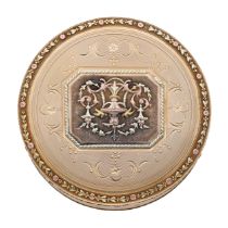 A Swiss vari-coloured gold snuff box, Geneva, circa 1790, of circular form, the pull off cov...