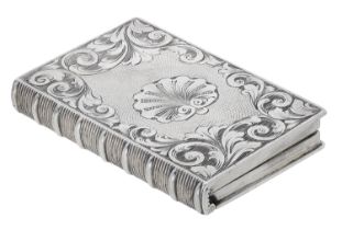 A Victoria silver vinaigrette modelled as a book, the cover with central initialled cartouch...