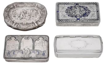 Four French silver snuff boxes, the first mid 18th century, of cartouche form, the cover and...