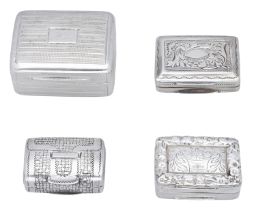 Four Georgian silver vinaigrettes, of rectangular form, the first with engine-turned decorat...