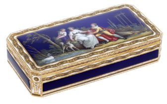 A German gold and enamel snuff box, Hanau, circa 1800, the rectangular box with canted corne...