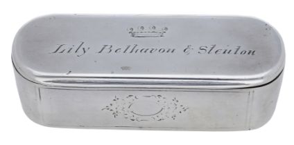 A French 19th century silver snuff box, of plain rectangular form with rounded corners, the...