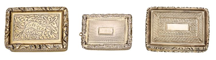 Three 19th century silver gilt vinaigrettes, of rectangular form, the first with scrolling f...