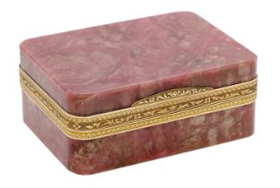 A mid 19th century gold mounted rhodonite snuff box, possibly Austrian, of rectangular form...