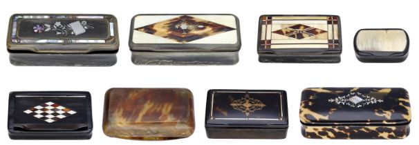 A collection of nine Victorian horn and tortoiseshell snuff boxes, three with piquÃ© inlaid l...