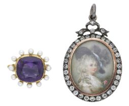 A 19th century amethyst and seed pearl brooch and a glazed portrait miniature, the first com...