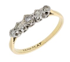 A diamond five stone ring, set with a graduated row of transitional-cut diamonds, stamped '1...