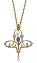 An early 20th century Art Nouveau gem-set pendant, the bloomed gold pendant of whiplash...