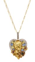 An Art Nouveau pendant on chain, French, circa 1900, the heart-shaped pendant depicting a...