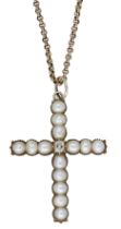 An early 19th century pearl and diamond cross on chain, set throughout with half-pearls and...