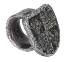 A rare 16th century silver vervel or hawking ring, the shield-shaped bezel finely engraved...