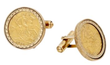 A pair of half sovereign cufflinks, the George V half sovereigns, 1911, collet-set in 9ct...